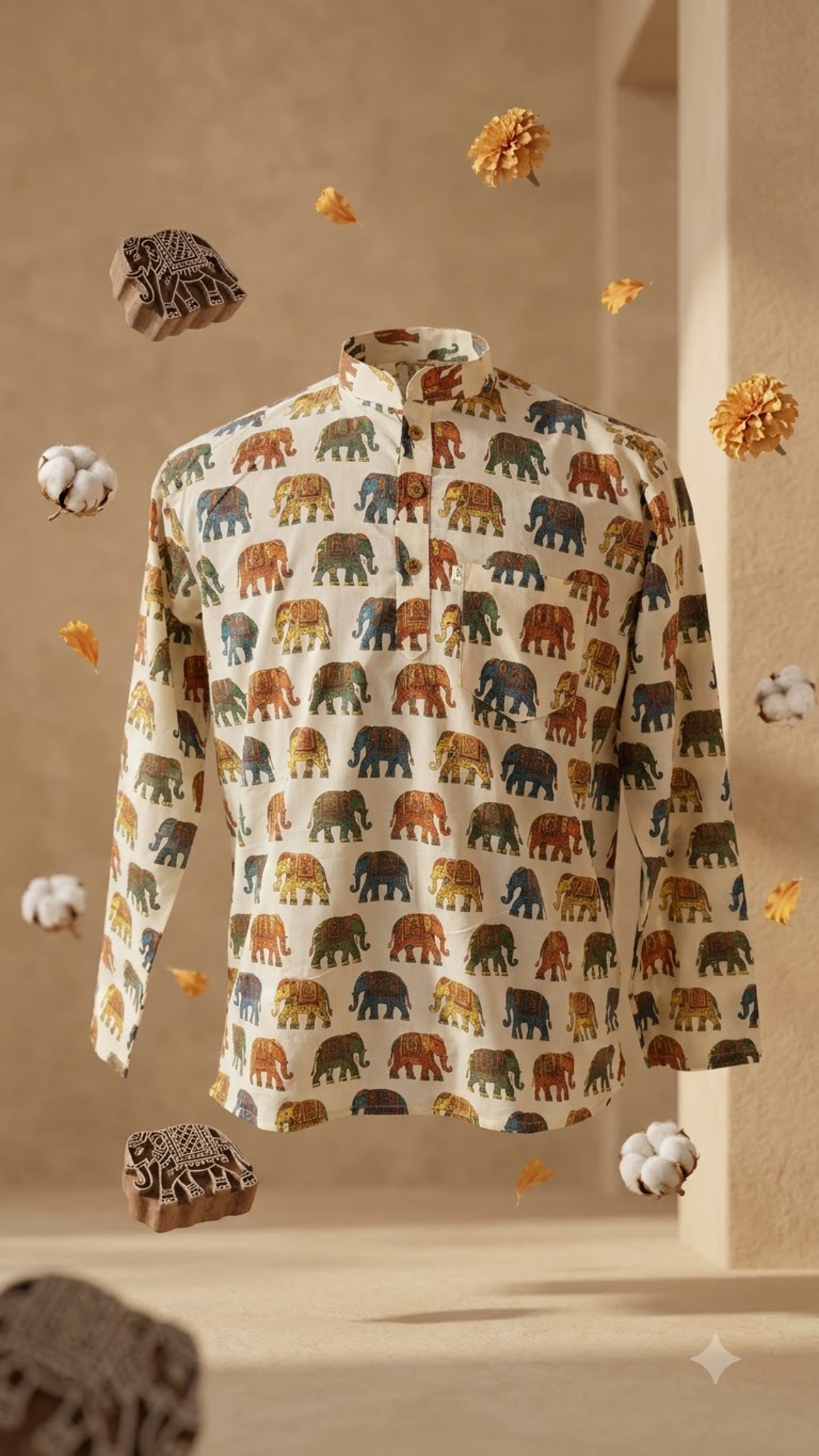 Multicolour Rajwada Elephant Printed Full Sleeves Short Kurta for Men