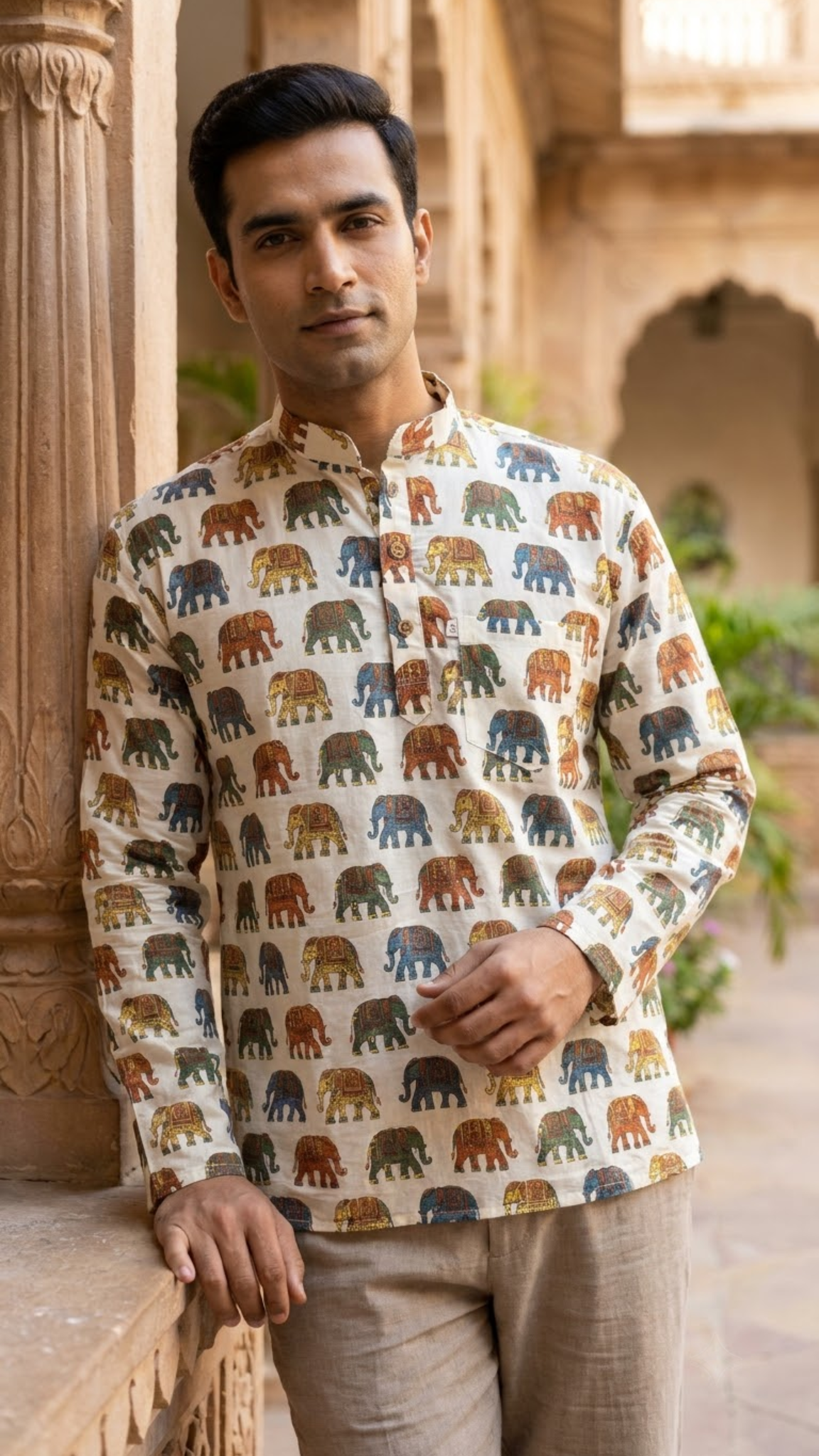 Multicolour Rajwada Elephant Printed Full Sleeves Short Kurta for Men