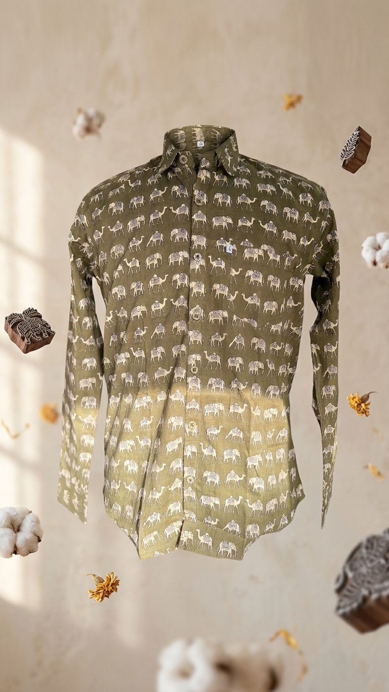 full sleeves Olive Elephant Camel Printed Men'sCotton Shirt