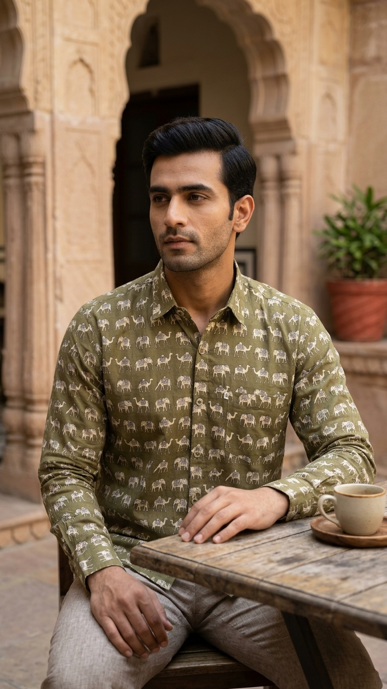full sleeves Olive Elephant Camel Printed Men'sCotton Shirt