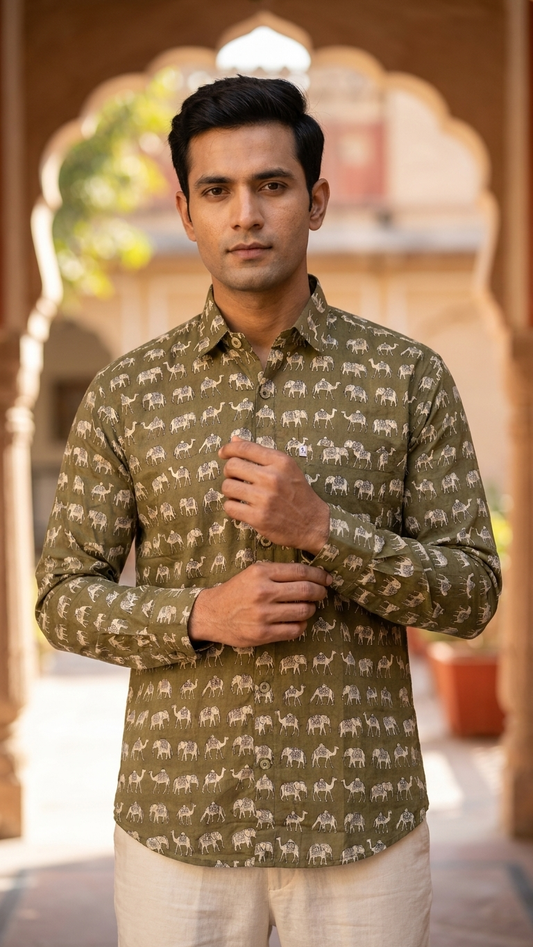 full sleeves Olive Elephant Camel Printed Men'sCotton Shirt