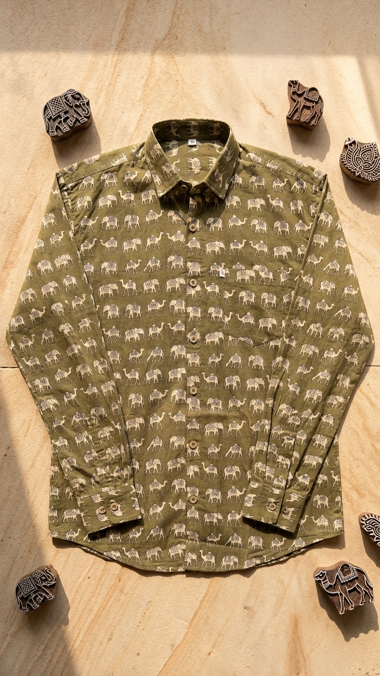 full sleeves Olive Elephant Camel Printed Men'sCotton Shirt