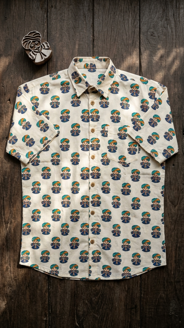 Ivory Funky Pagdi Printed Men's Half Sleeves Cotton Shirt
