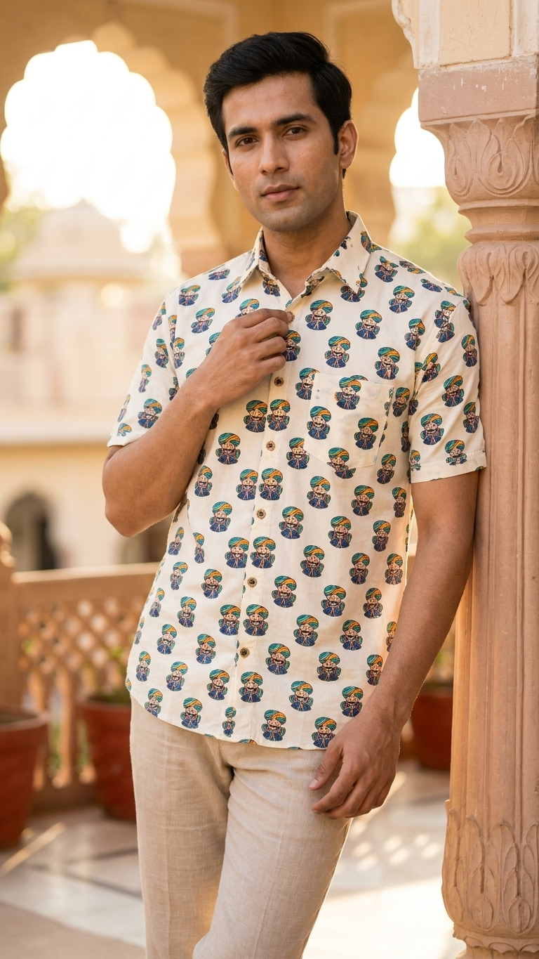 Ivory Funky Pagdi Printed Men's Half Sleeves Cotton Shirt