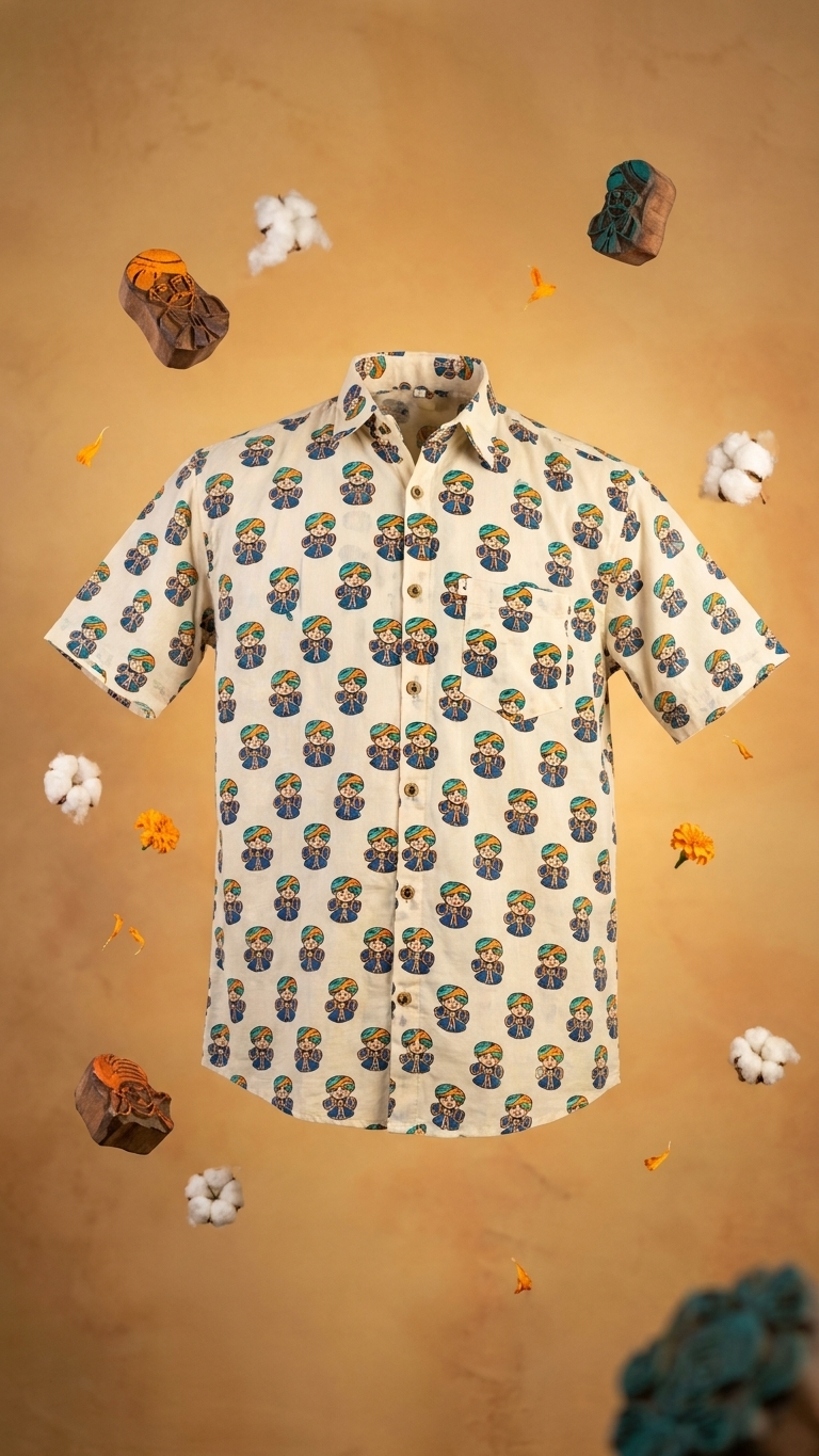Ivory Funky Pagdi Printed Men's Half Sleeves Cotton Shirt