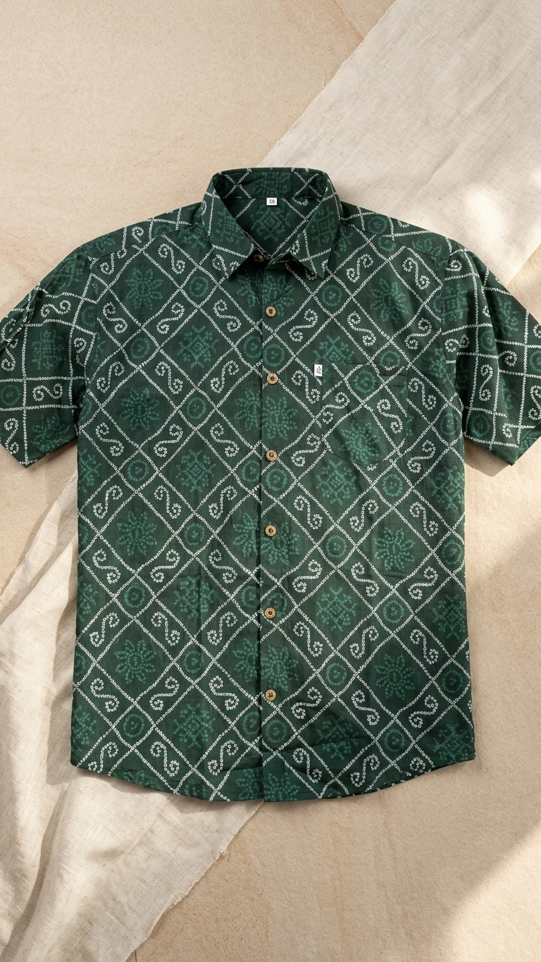 New Green Bandhani/Bandhej Printed Mens Half Sleeves Cotton Shirt