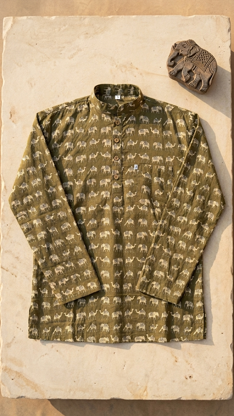 Olive Camel & Elephant Printed Full Sleeves Short Kurta for Men