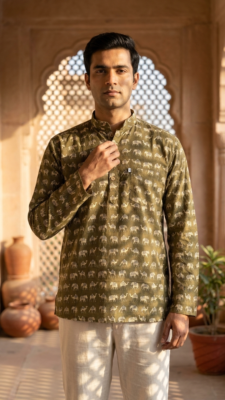 Olive Camel & Elephant Printed Full Sleeves Short Kurta for Men