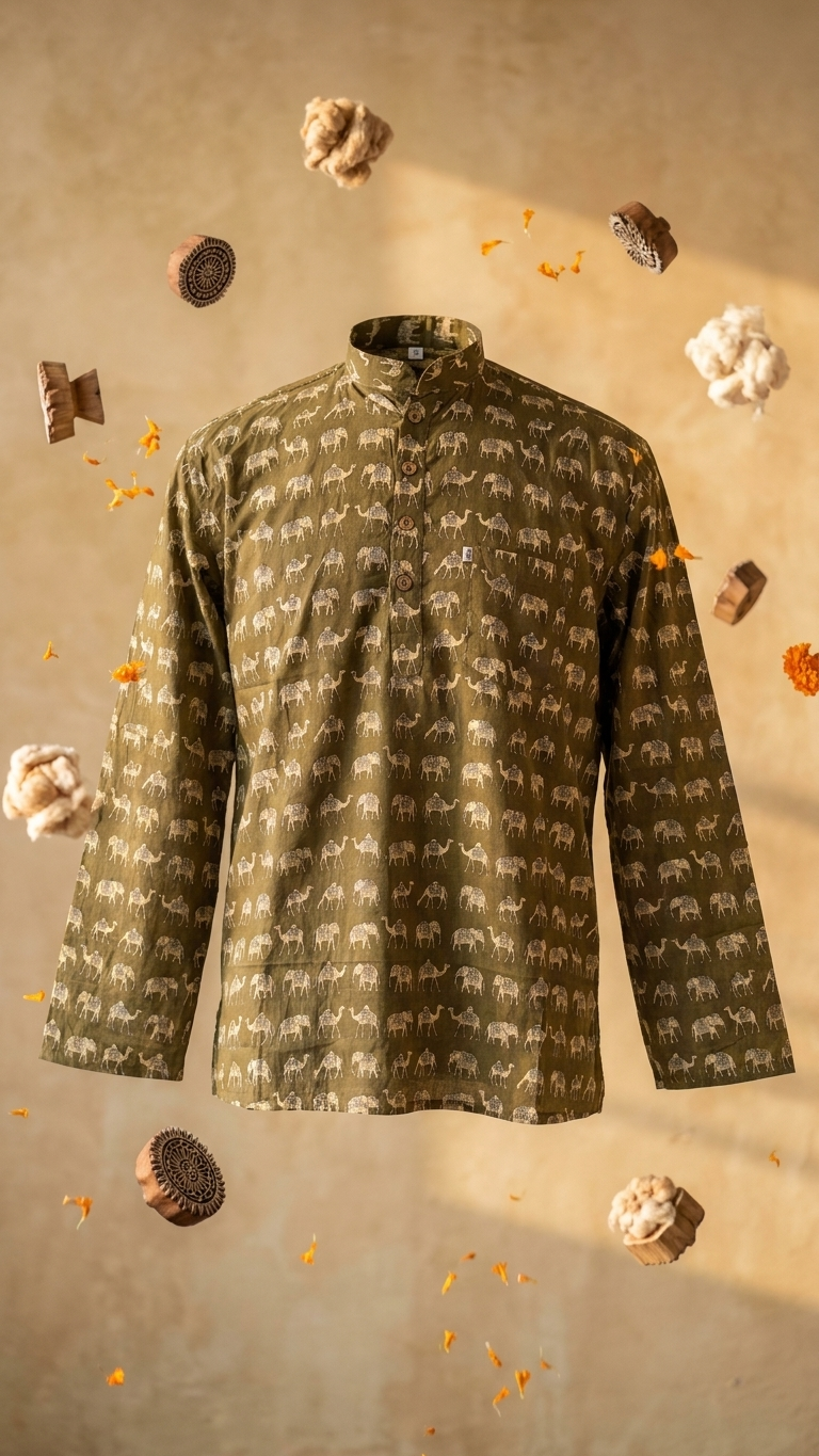 Olive Camel & Elephant Printed Full Sleeves Short Kurta for Men