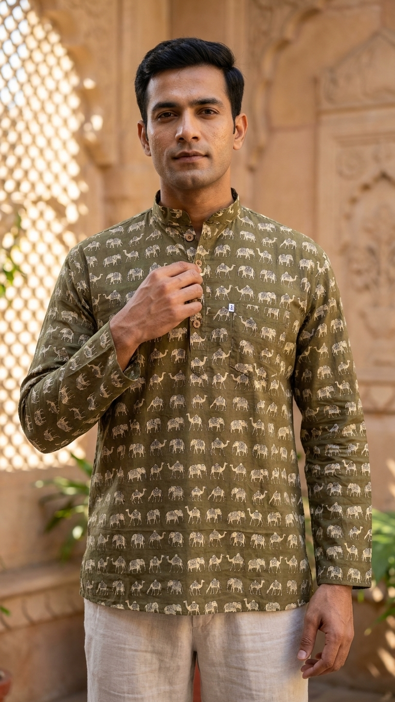 Olive Camel & Elephant Printed Full Sleeves Short Kurta for Men