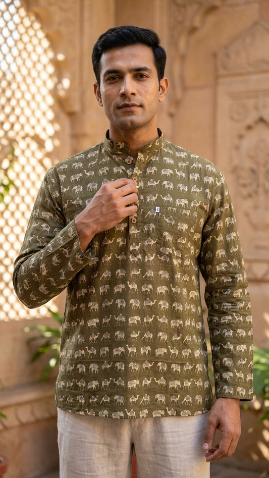 Olive Camel & Elephant Printed Full Sleeves Short Kurta for Men