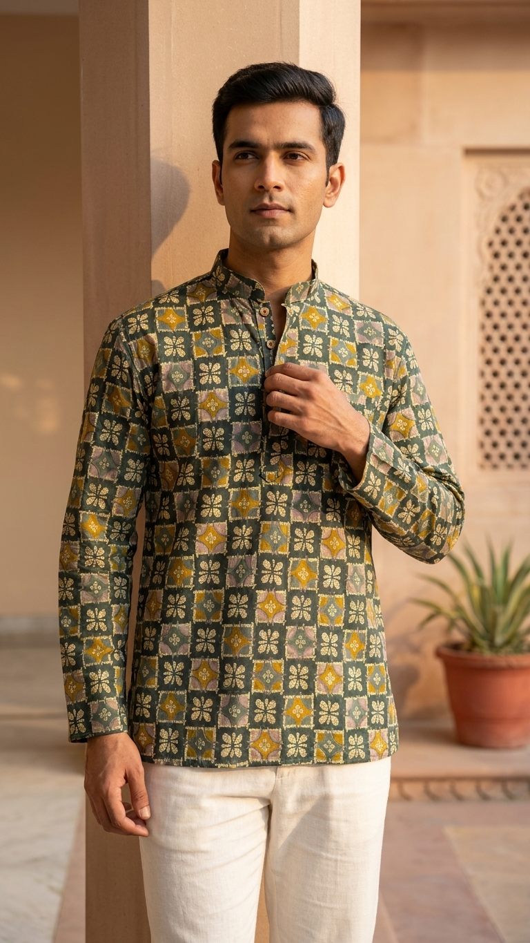 Green Geometric Floral Printed Full Sleeves Short Kurta for Men