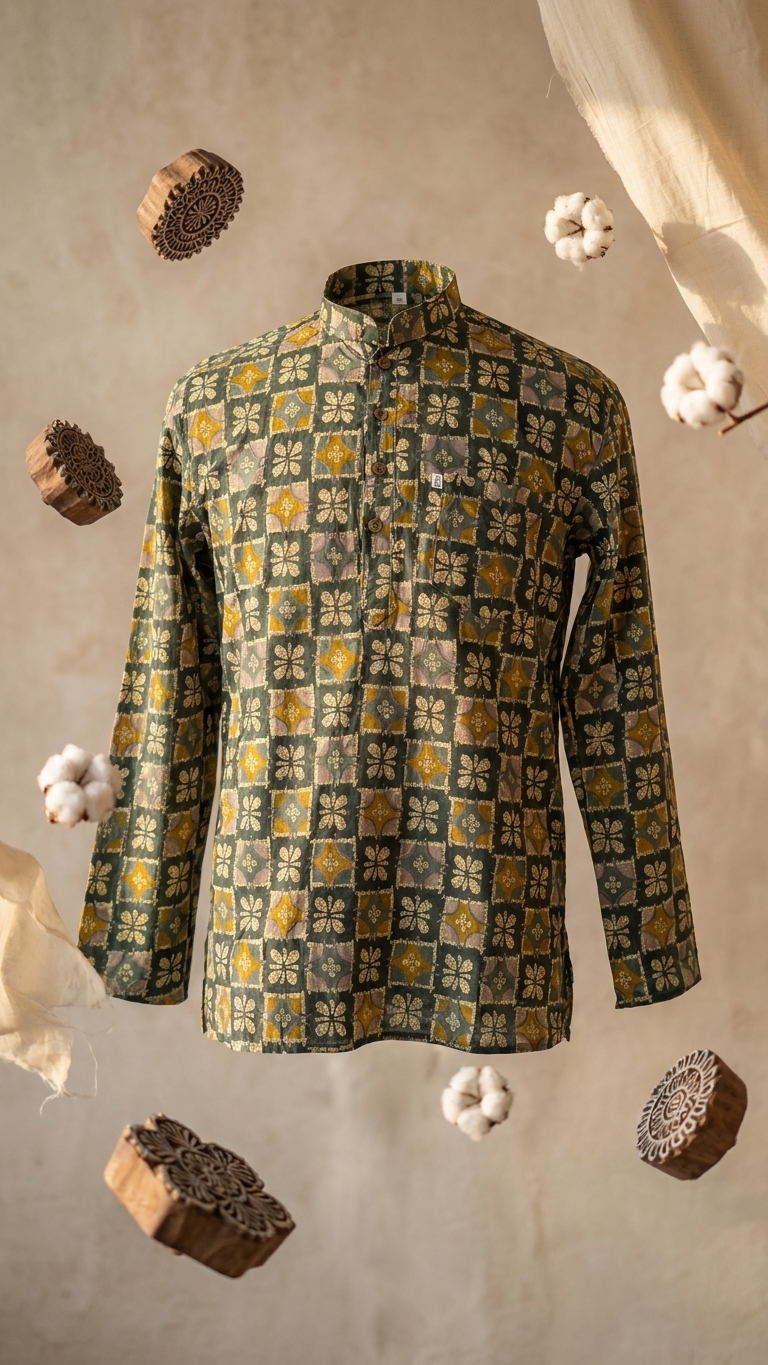 Green Geometric Floral Printed Full Sleeves Short Kurta for Men