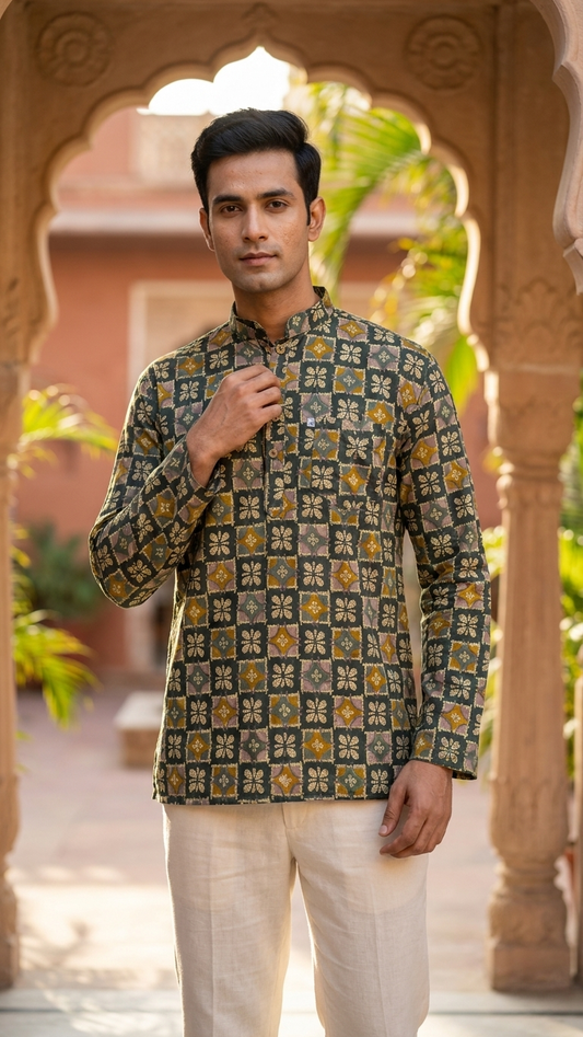 Green Geometric Floral Printed Full Sleeves Short Kurta for Men