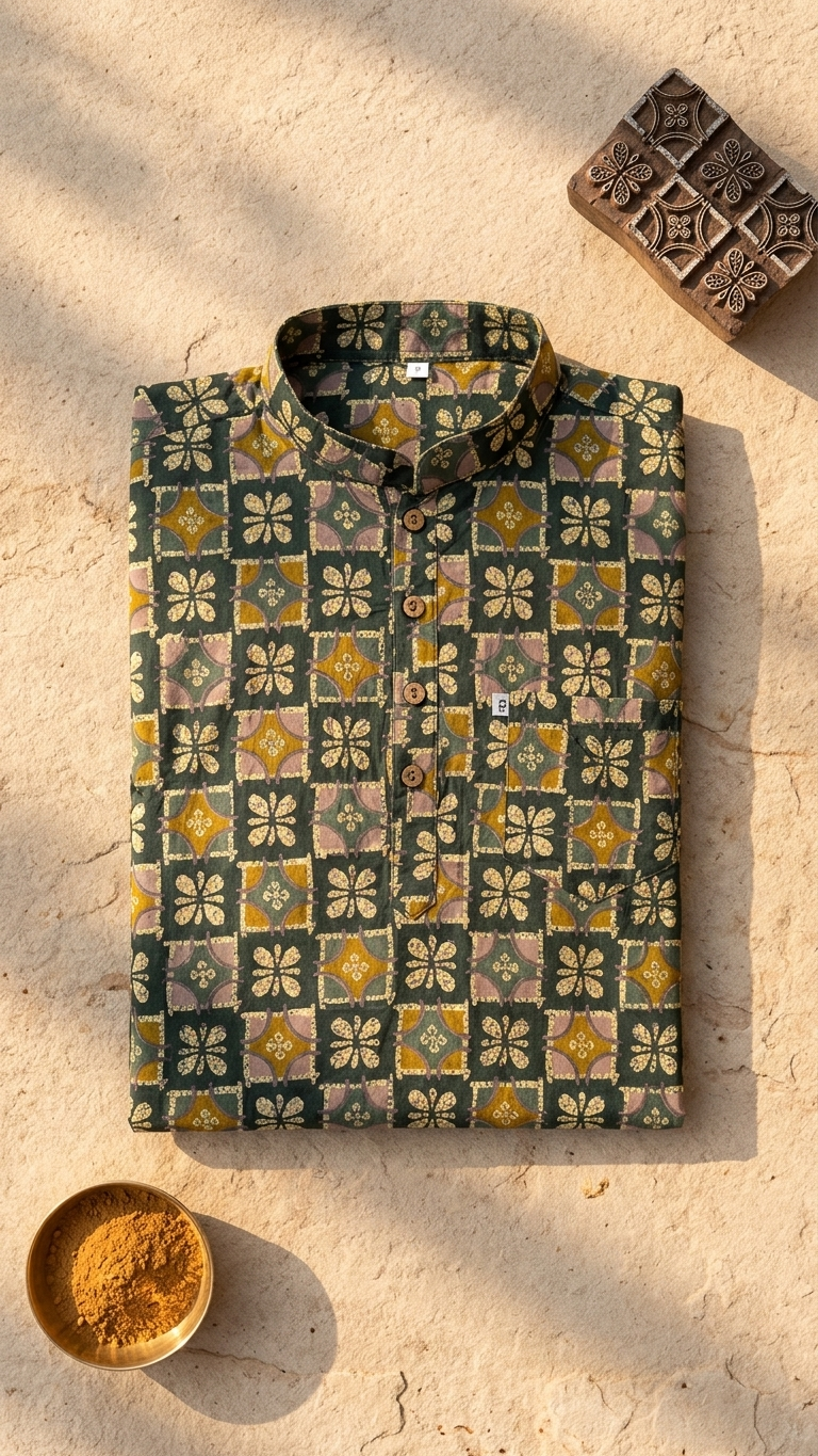 Green Geometric Floral Printed Full Sleeves Short Kurta for Men