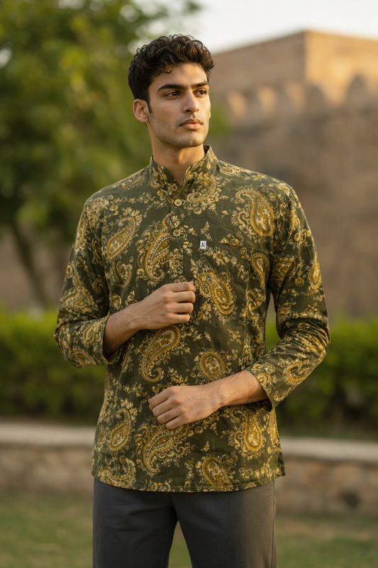 Olive Green Paisley Printed Full Sleeves Short Kurta for Men