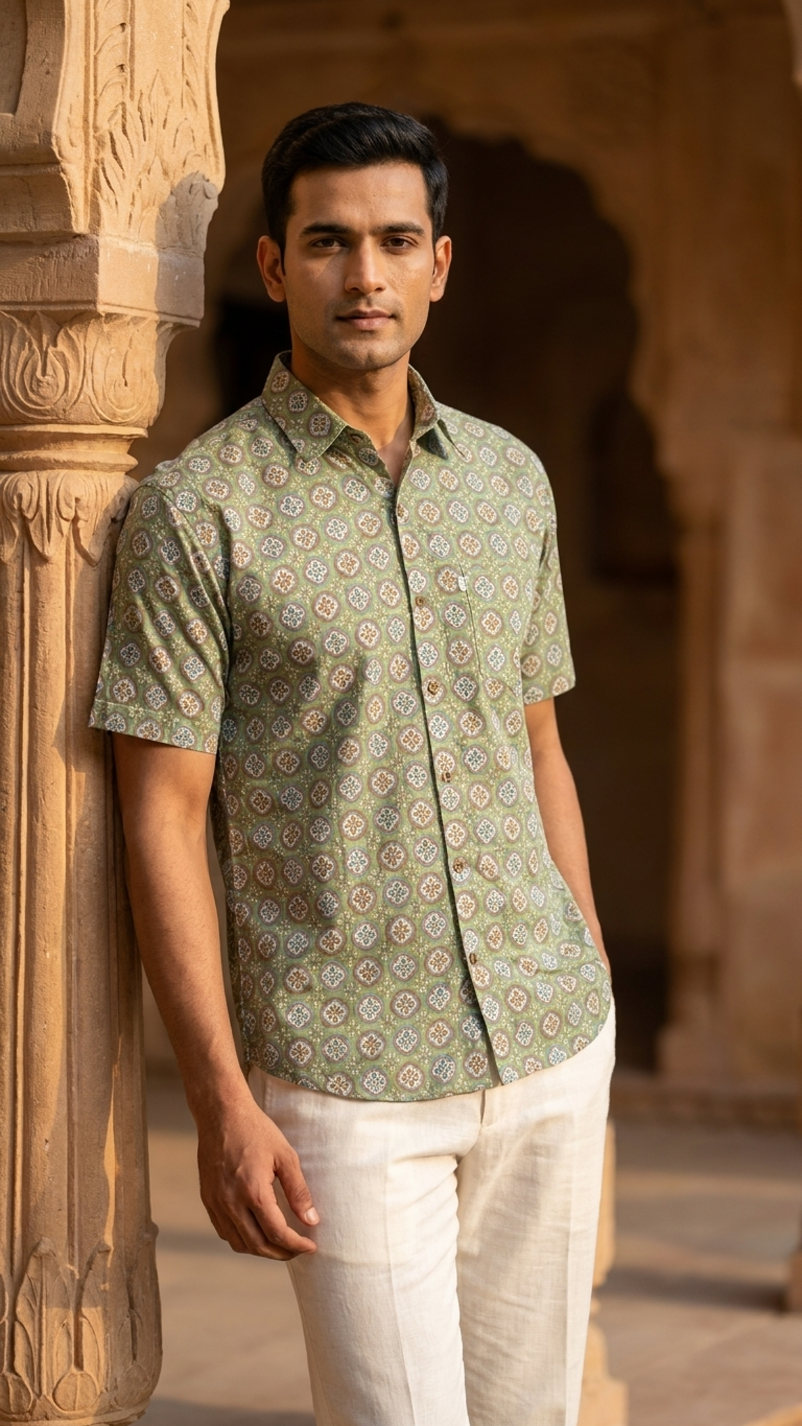 Green Round Motif Printed Mens Half Sleeves Shirt
