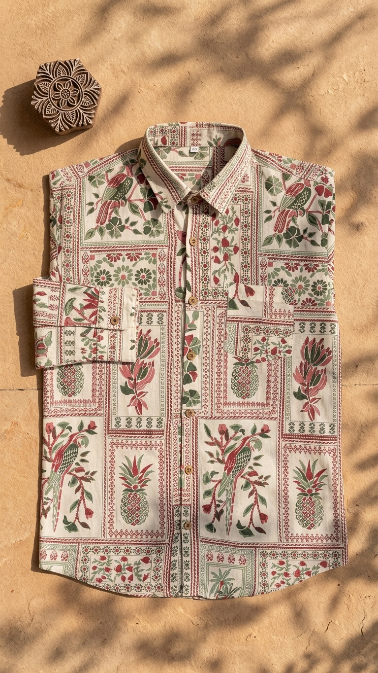 Green White Floral Patchwork Printed Men's Full Sleeves Cotton Shirt