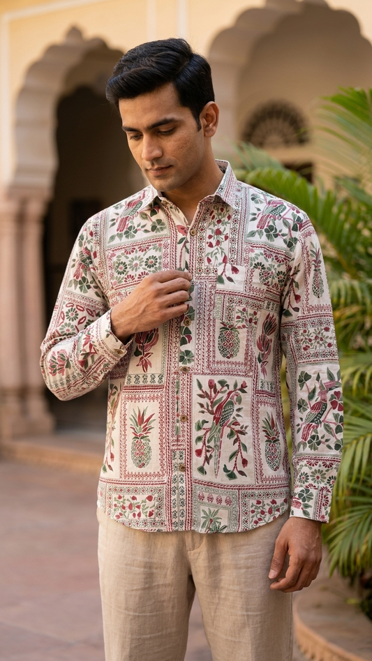 Green White Floral Patchwork Printed Men's Full Sleeves Cotton Shirt