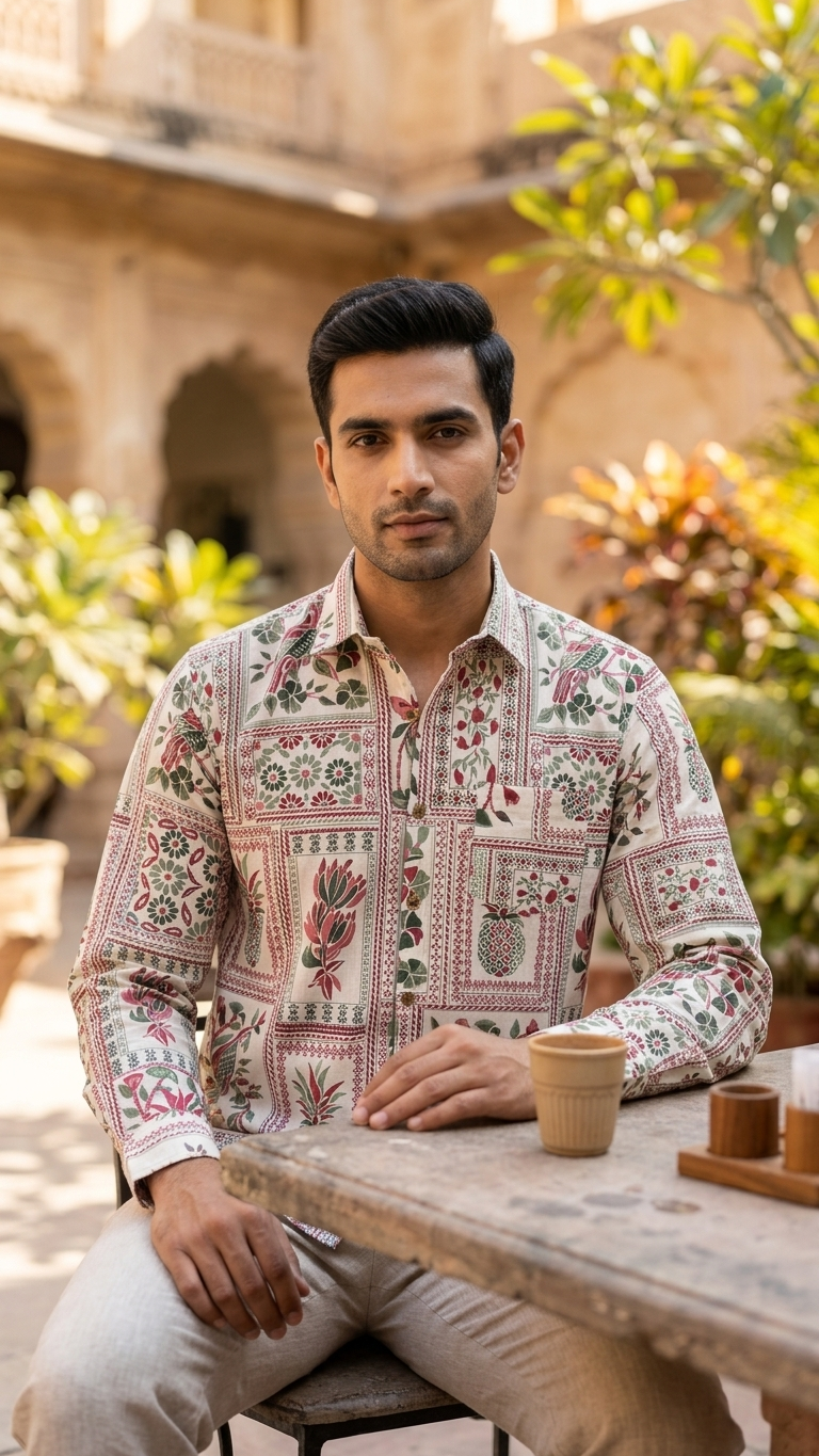 Green White Floral Patchwork Printed Men's Full Sleeves Cotton Shirt