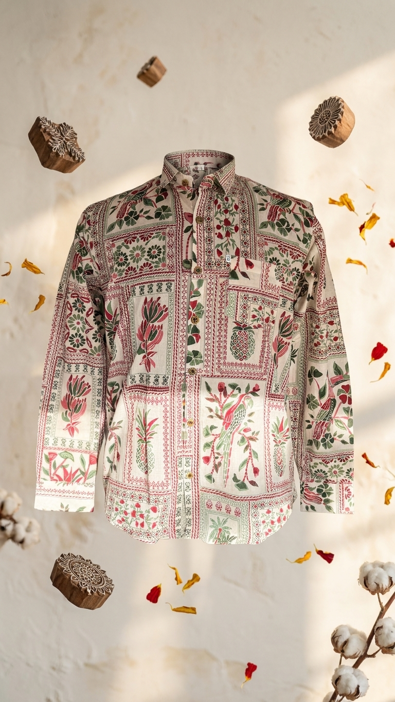 Green White Floral Patchwork Printed Men's Full Sleeves Cotton Shirt