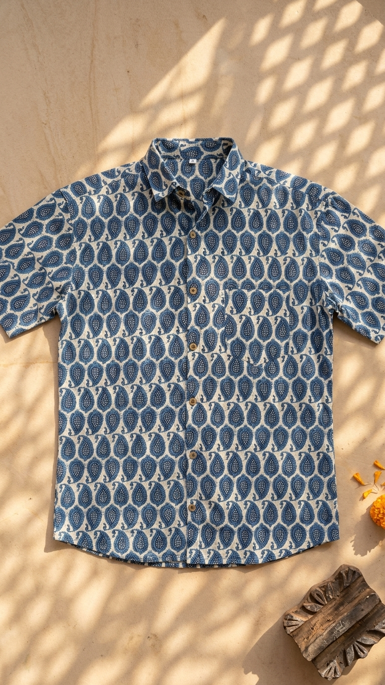 Blue Paisley Hand Block Printed Half Sleeves Cotton Shirt for Men