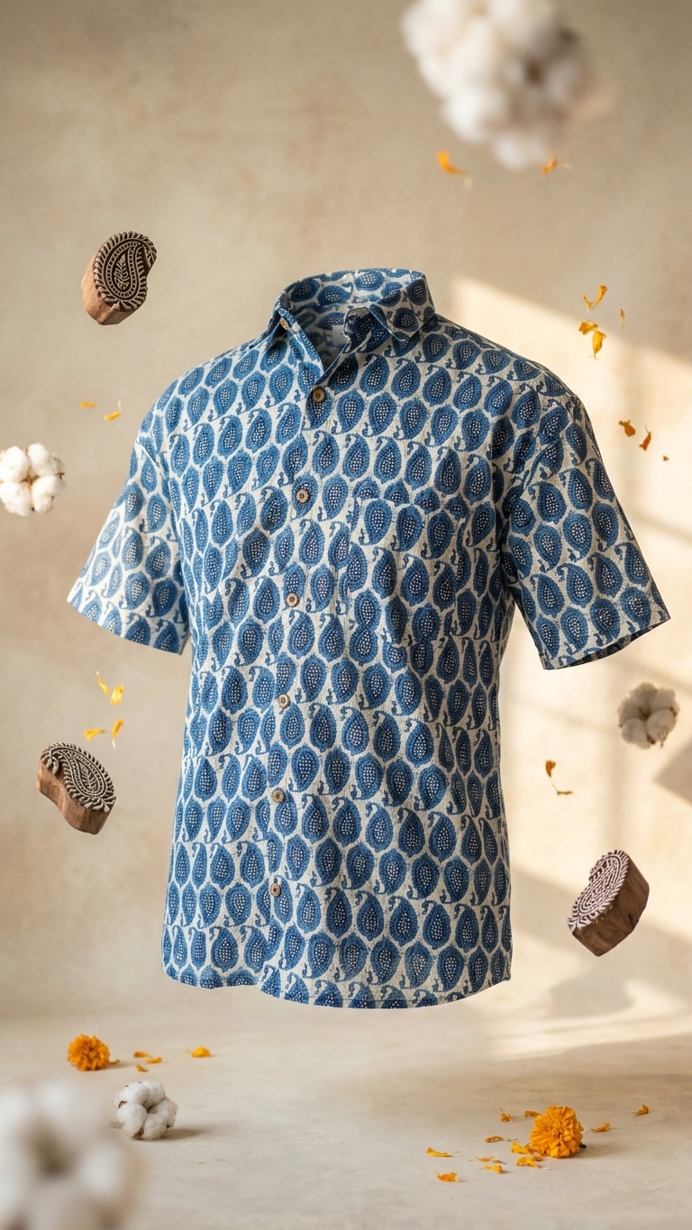 Blue Paisley Hand Block Printed Half Sleeves Cotton Shirt for Men