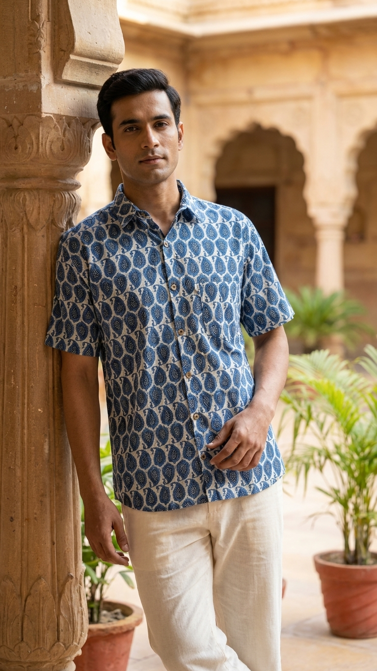 Blue Paisley Hand Block Printed Half Sleeves Cotton Shirt for Men
