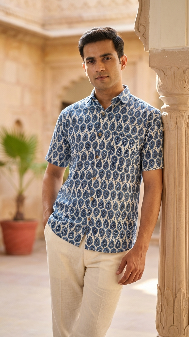 Blue Paisley Hand Block Printed Half Sleeves Cotton Shirt for Men