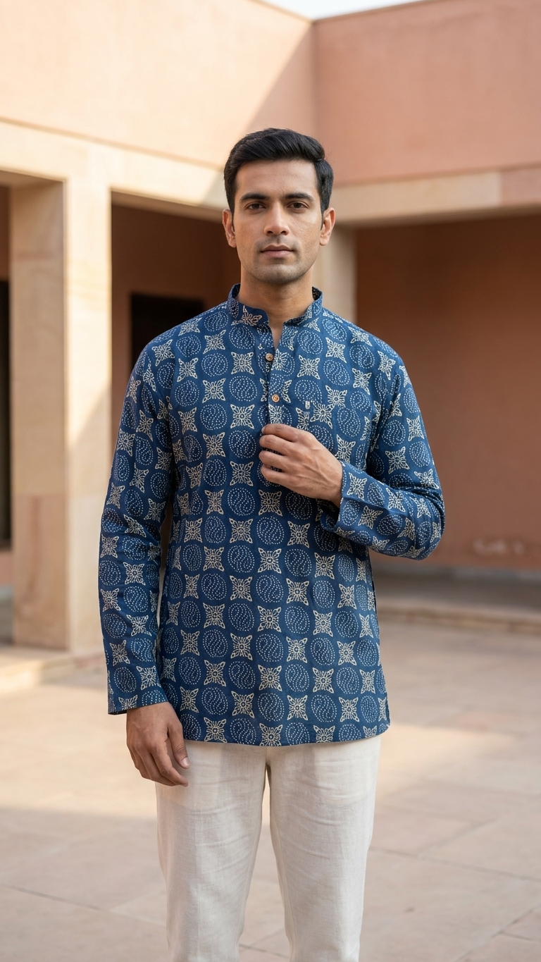 Indigo Ajrak Spiral Motif Printed Full Sleeves Short Kurta for Men