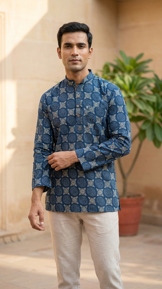 Indigo Ajrak Spiral Motif Printed Full Sleeves Short Kurta for Men