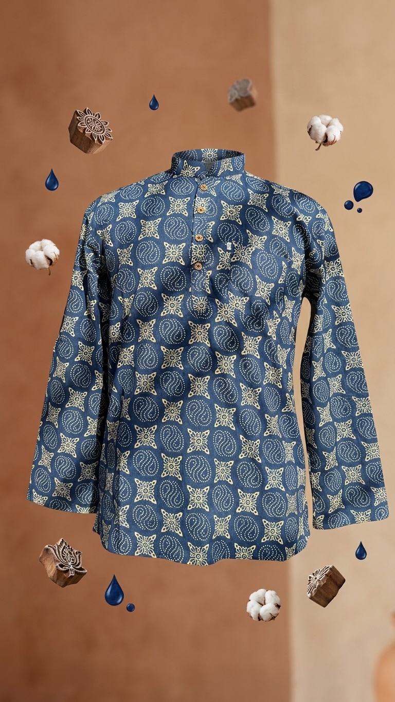 Indigo Ajrak Spiral Motif Printed Full Sleeves Short Kurta for Men