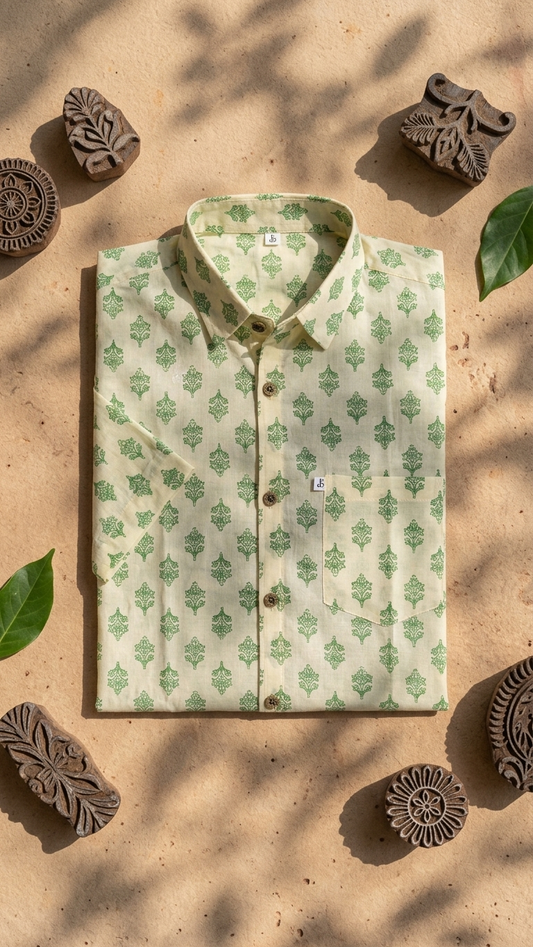 Plus Size Ivory Green Booti Printed Men's Half Sleeves Cotton Shirt
