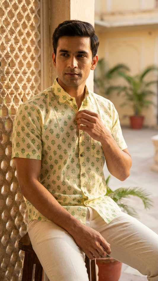 Plus Size Ivory Green Booti Printed Men's Half Sleeves Cotton Shirt