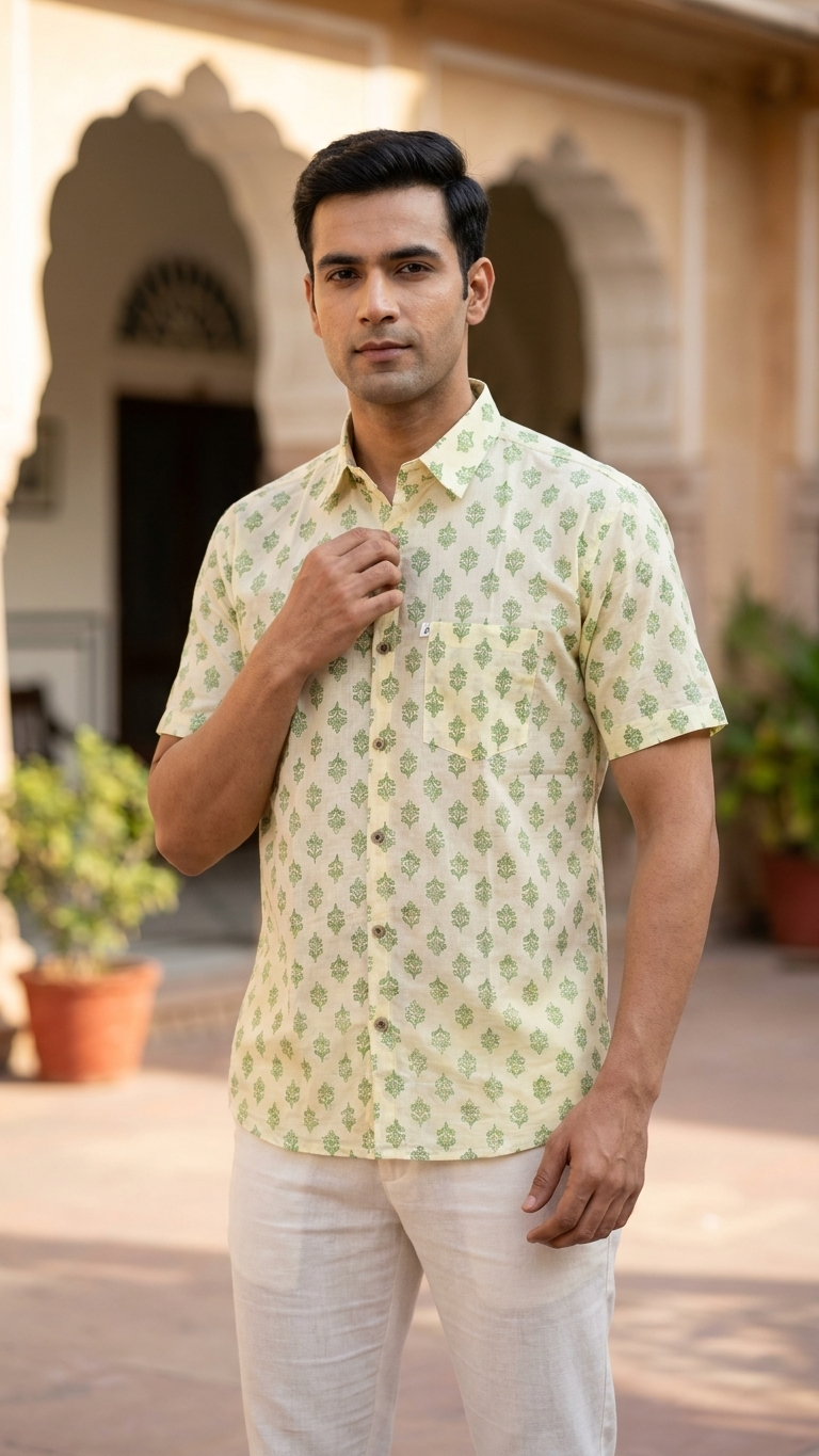 Plus Size Ivory Green Booti Printed Men's Half Sleeves Cotton Shirt
