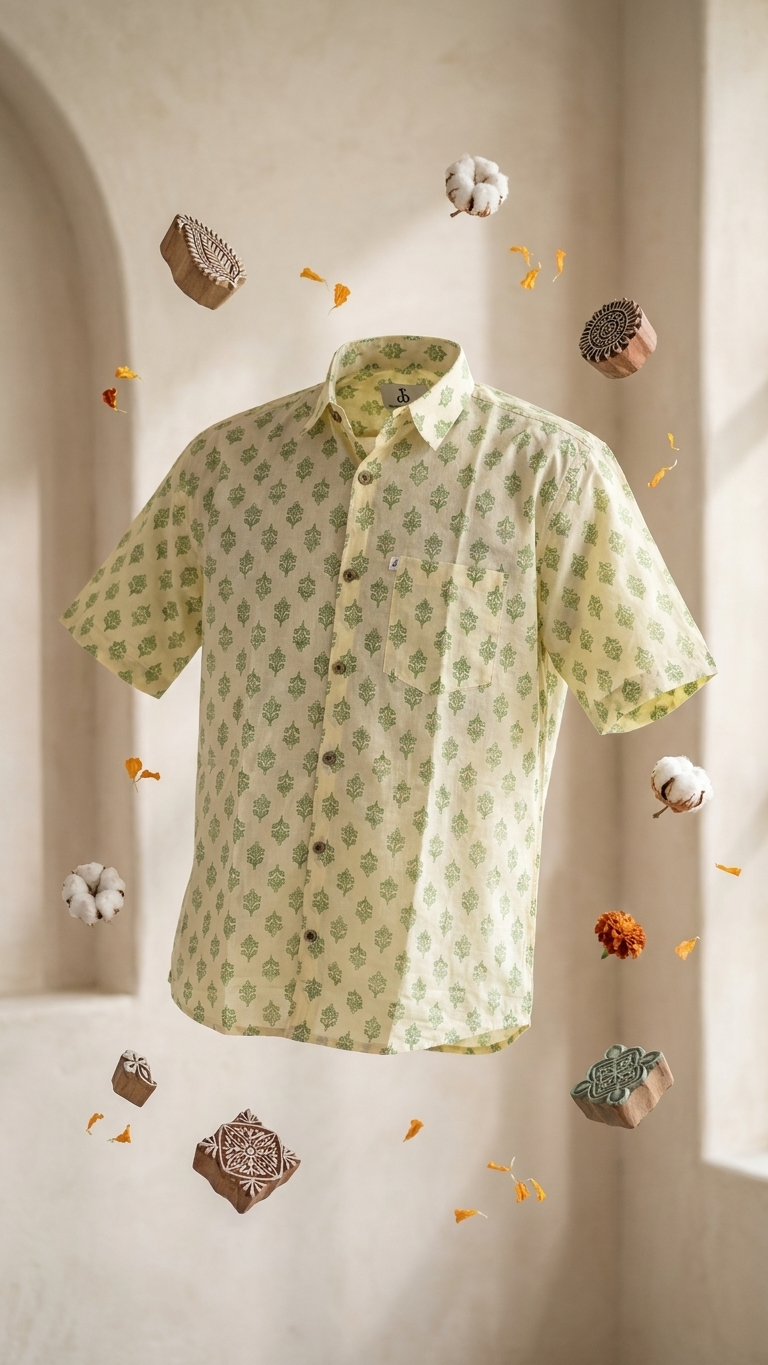 Plus Size Ivory Green Booti Printed Men's Half Sleeves Cotton Shirt