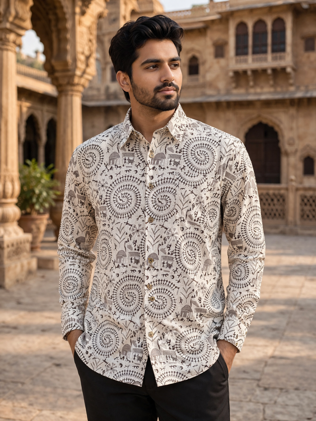 Ivory Warli Spiral Printed Full Sleeves Cotton Shirt for Men