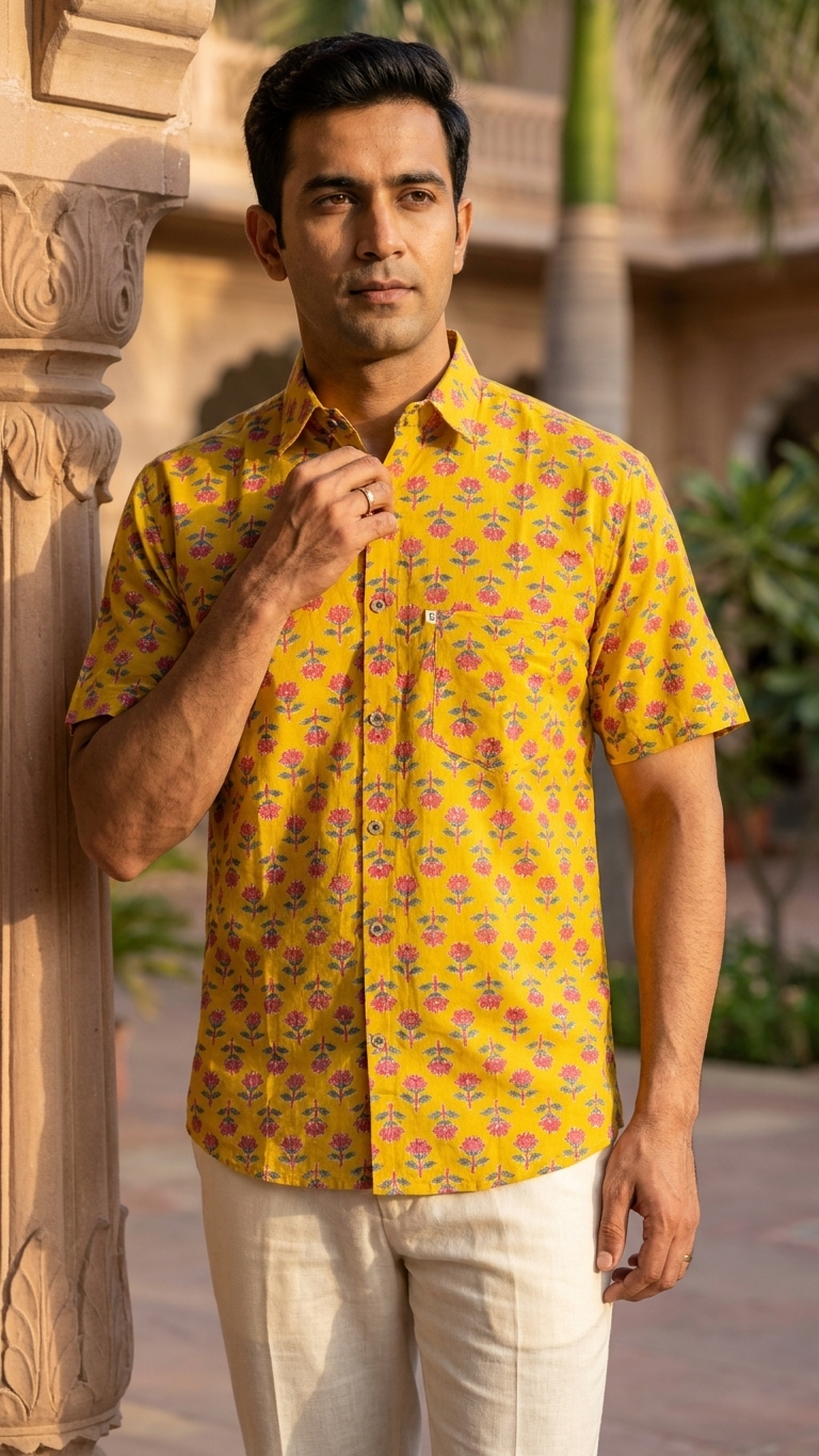 Mustard Gulmohar Booti Printed Men's Plus Size Cotton Shirt