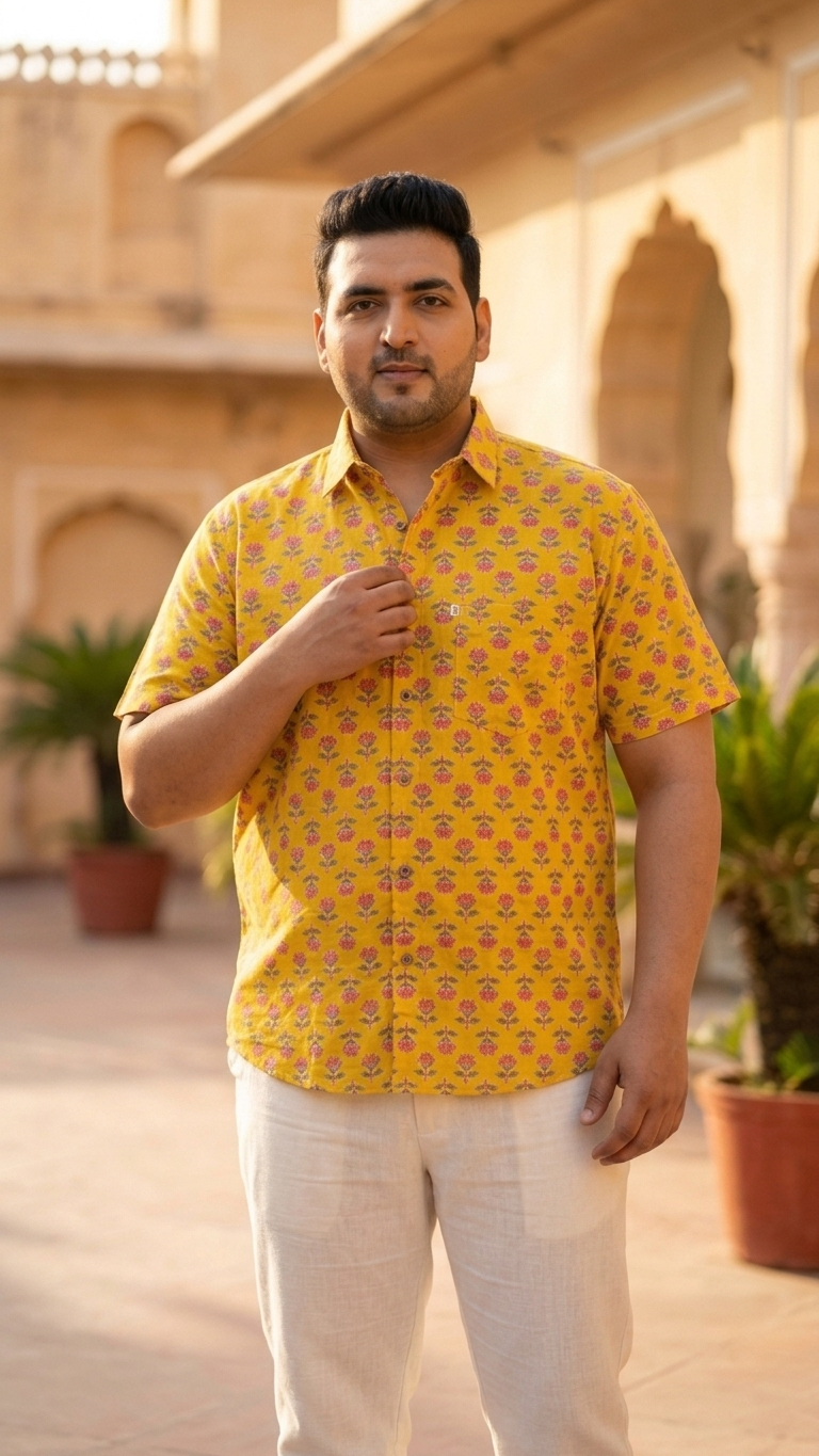 Mustard Gulmohar Booti Printed Men's Plus Size Cotton Shirt