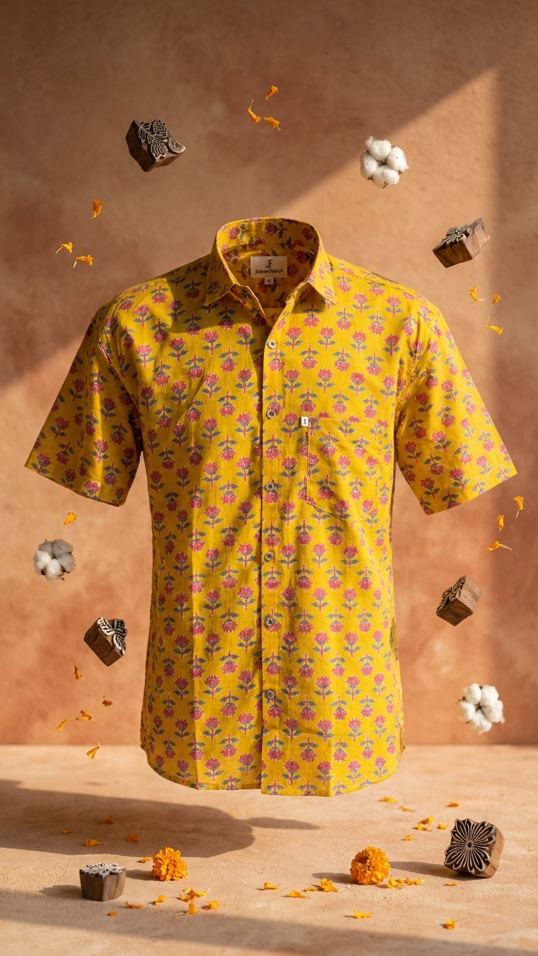 Mustard Gulmohar Booti Printed Men's Plus Size Cotton Shirt