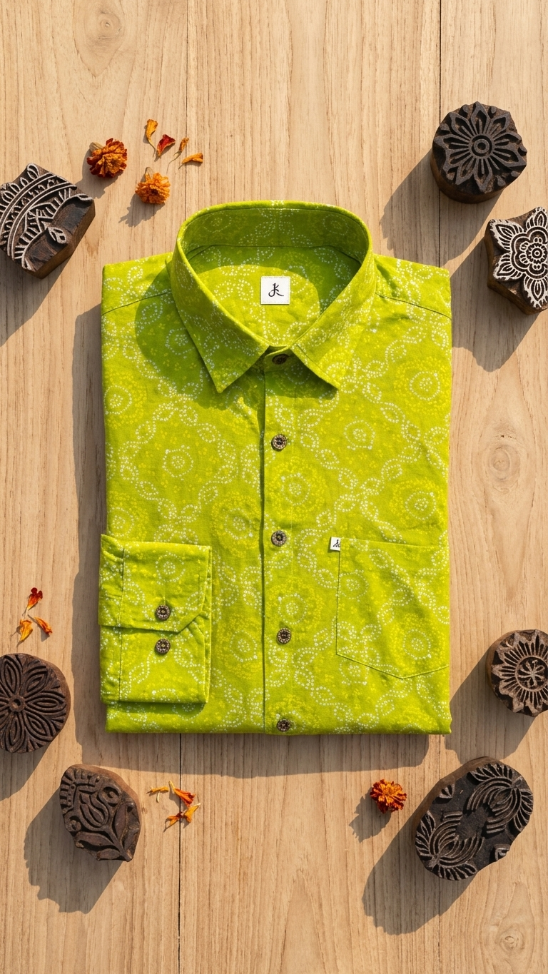 Full Sleeves Lime Bandhej Printed Cotton Shirt for Men
