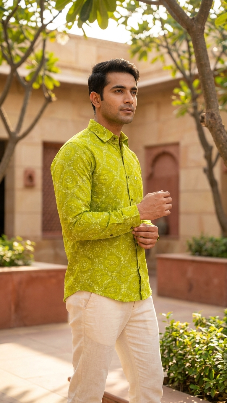 Full Sleeves Lime Bandhej Printed Cotton Shirt for Men