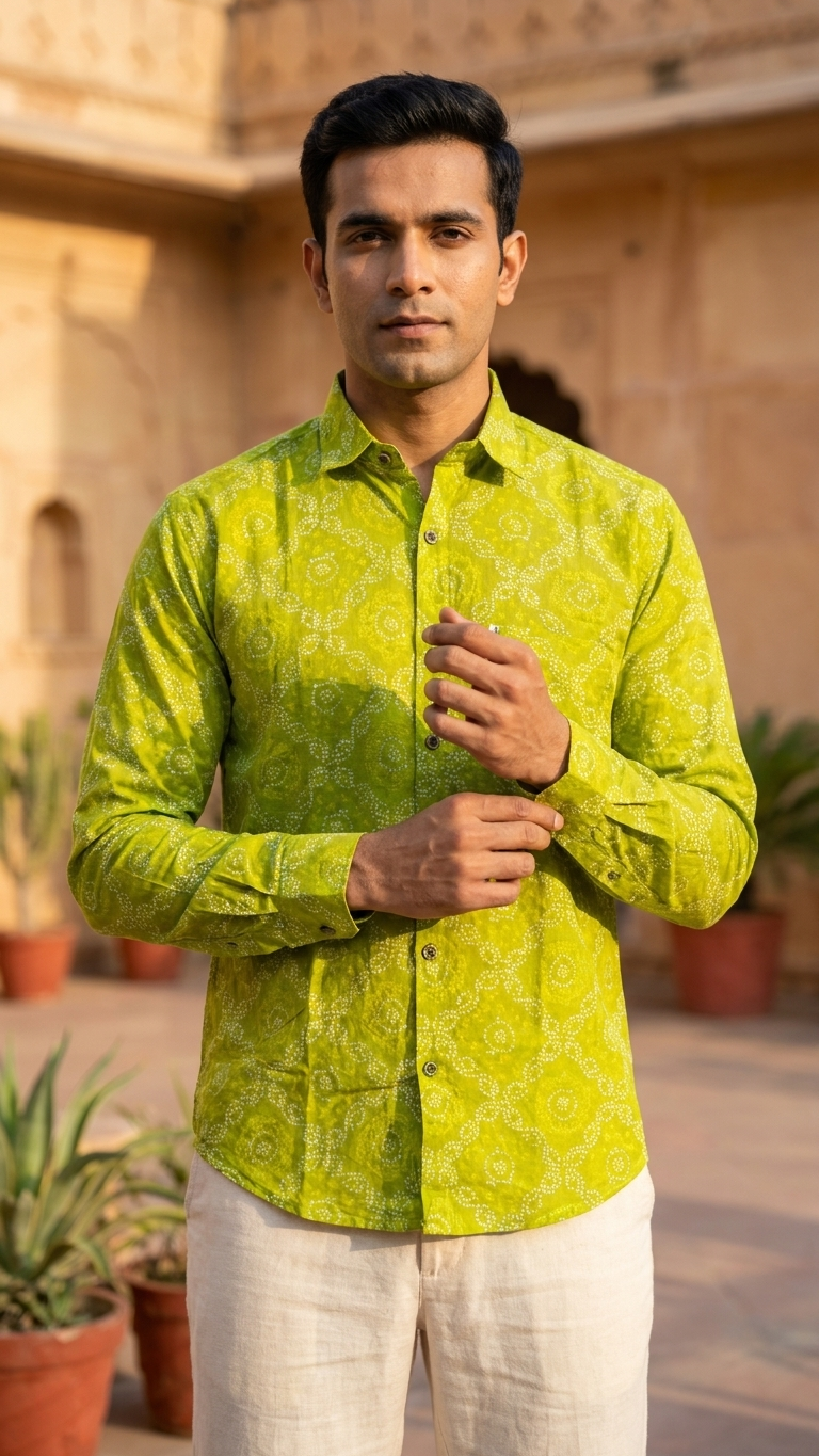 Full Sleeves Lime Bandhej Printed Cotton Shirt for Men