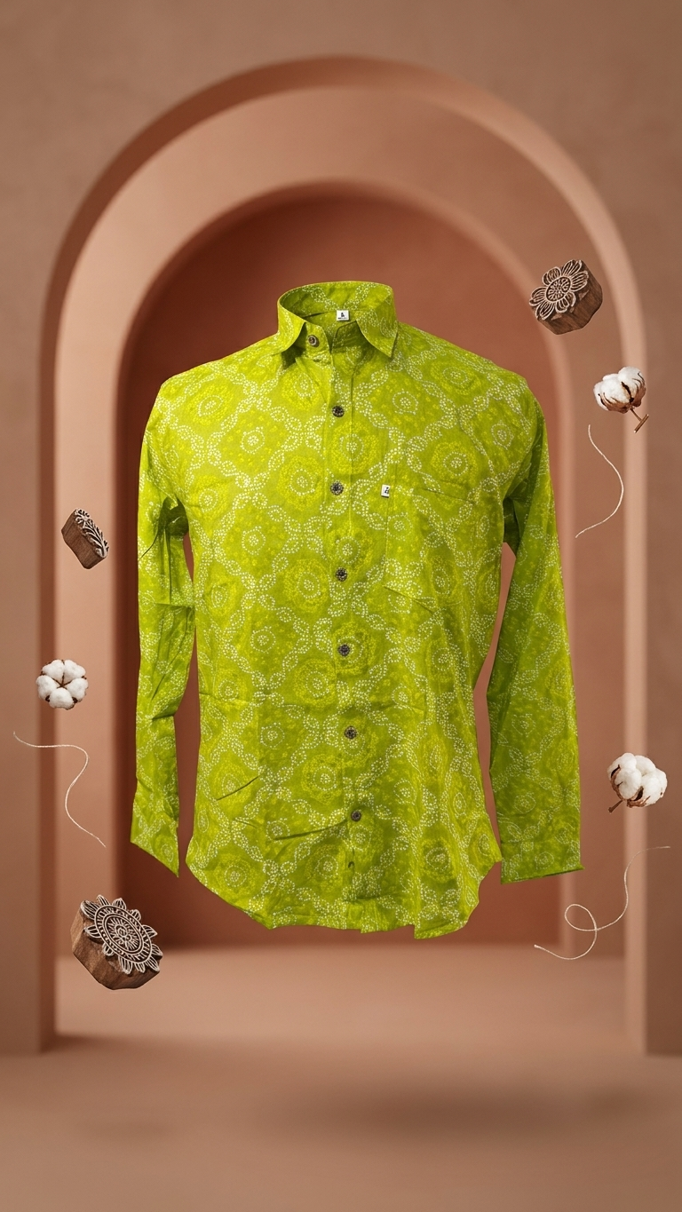 Full Sleeves Lime Bandhej Printed Cotton Shirt for Men