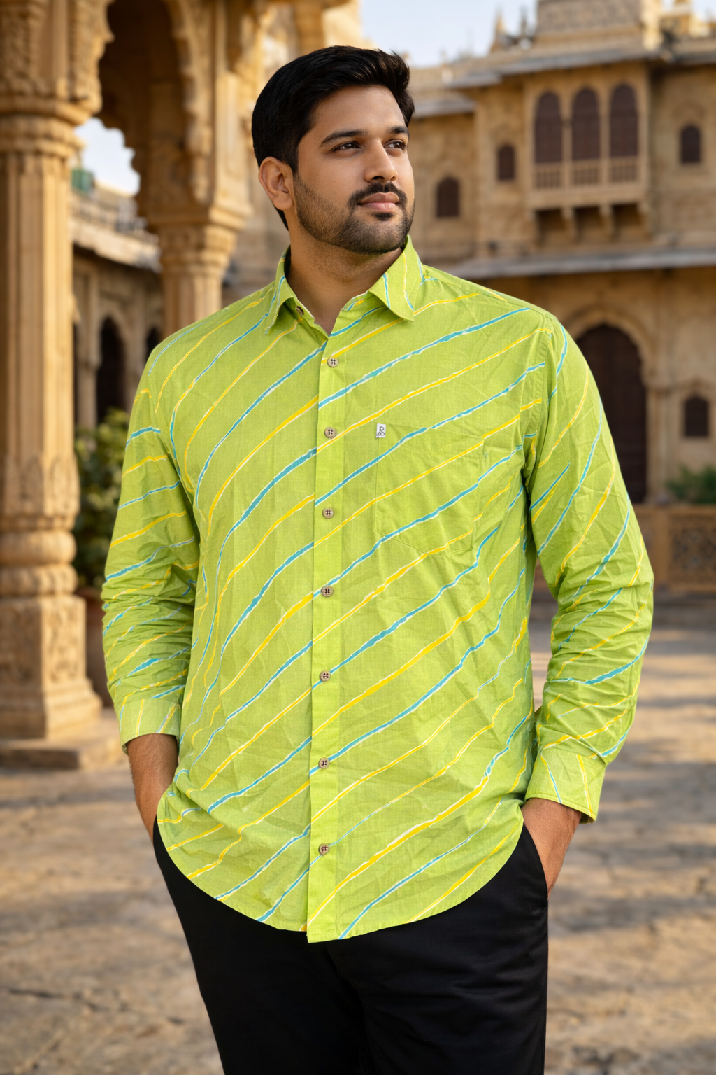 Lime Green Leheriya Striped Full Sleeves Cotton Shirt for Men