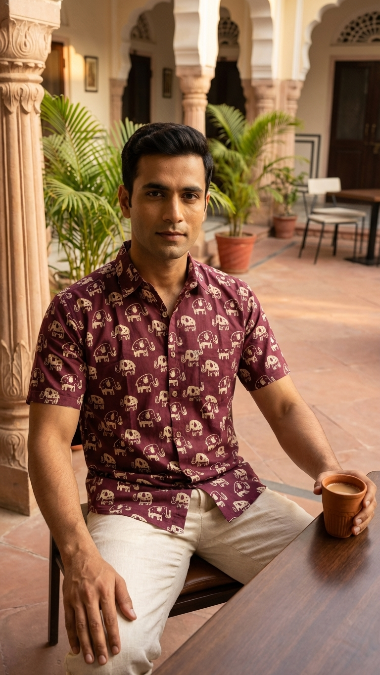 Maroon Beige Elephant Printed Mens Half Sleeves Cotton Shirt