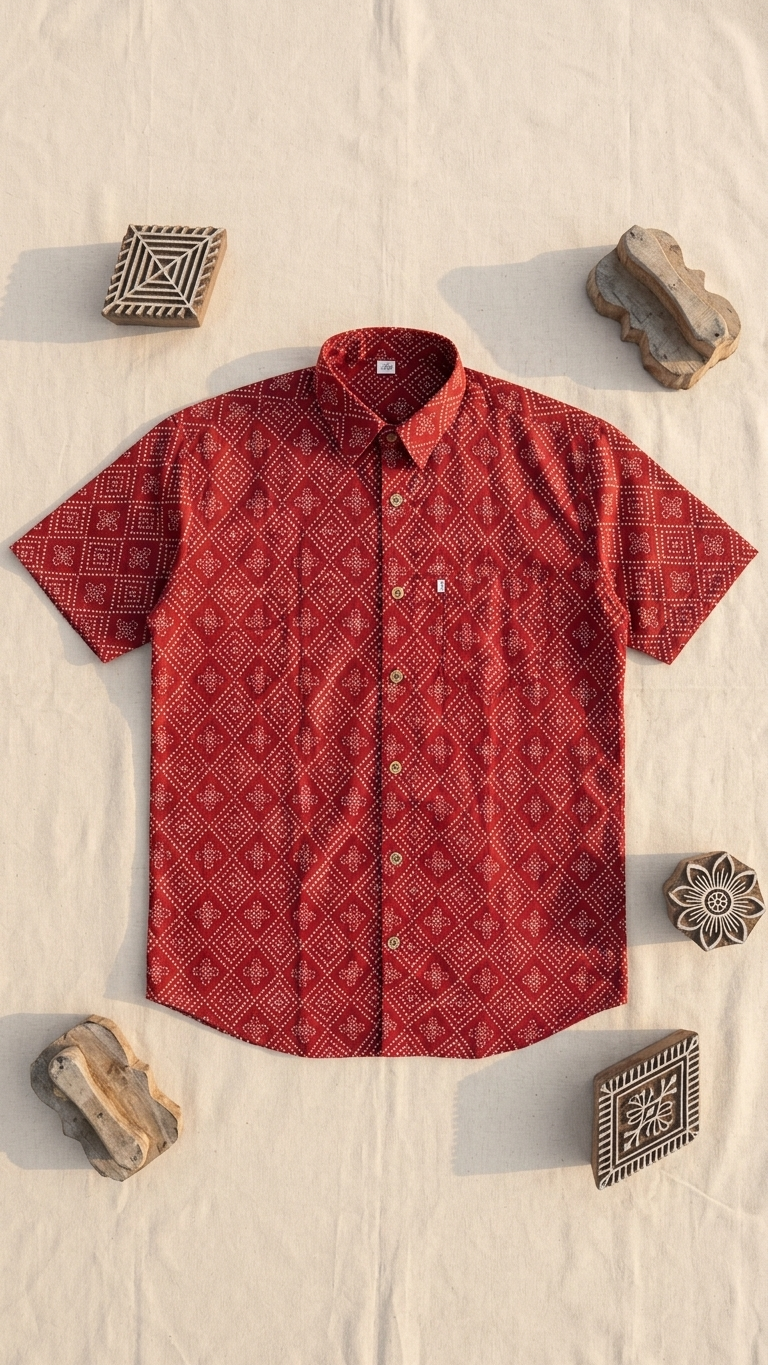 Maroon Barfi Bandhej Printed Half Sleeves Cotton Shirt for Men