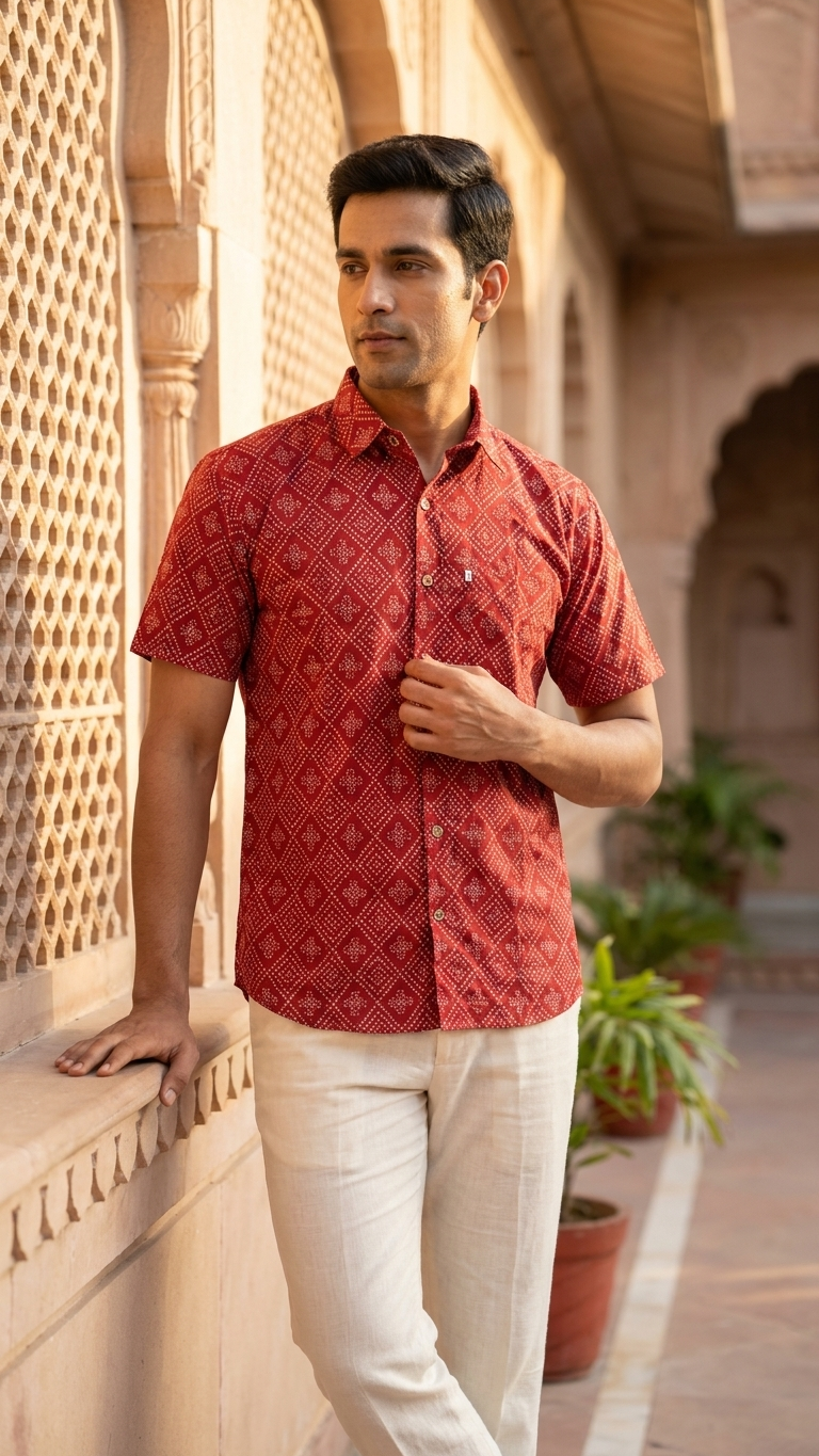 Maroon Barfi Bandhej Printed Half Sleeves Cotton Shirt for Men