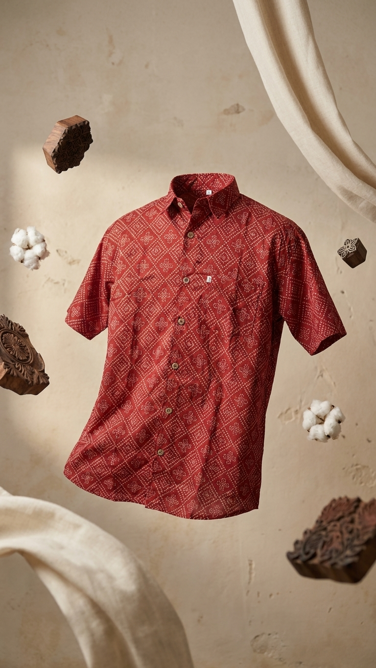 Maroon Barfi Bandhej Printed Half Sleeves Cotton Shirt for Men