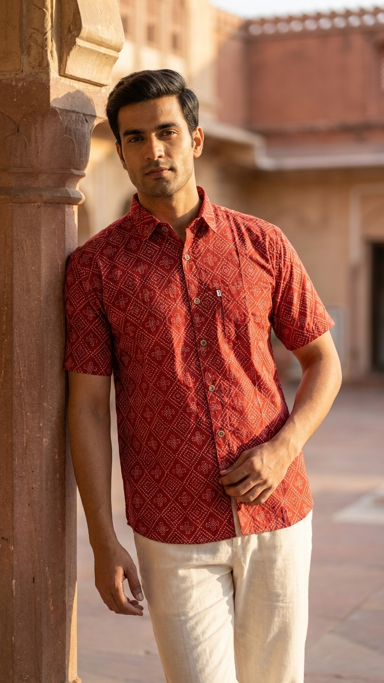 Maroon Barfi Bandhej Printed Half Sleeves Cotton Shirt for Men